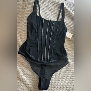 Auden size Small Black Lingerie Bodysuit Thong Rhinestones Bling Mesh Sheer Bra
